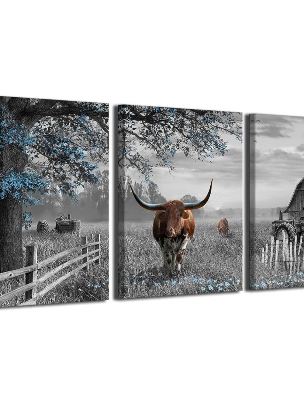 Western Wall Decor - Rustic Blue Tree Brown Cow 3 Piece Wall Art - Farmhouse Bla